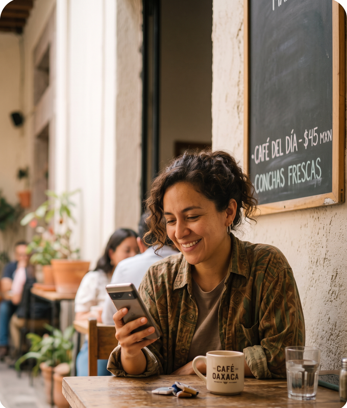 Persona sonriendo mientras usa su celular en un café