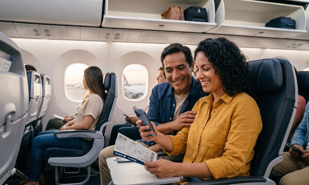 Viajera en aeropuerto revisando su eSIM de viaje en el celular